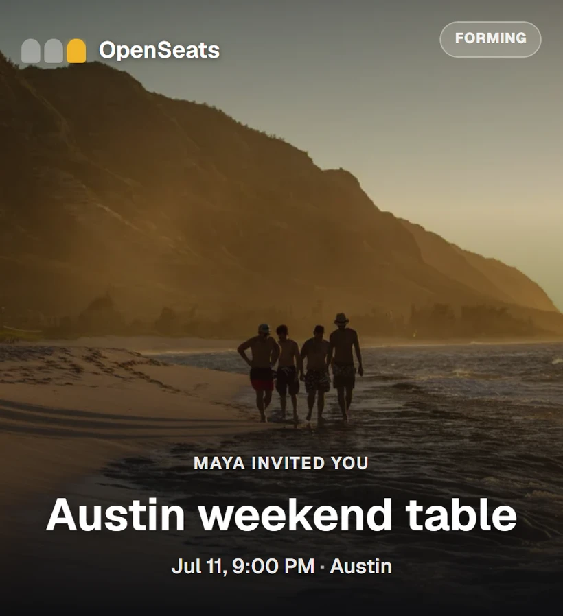 An OpenSeats invite as the person you sent it to sees it: a cover photo, who invited them, and when it is.