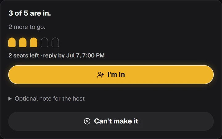 Three of five seats lit, two more to go, with a reply-by deadline.